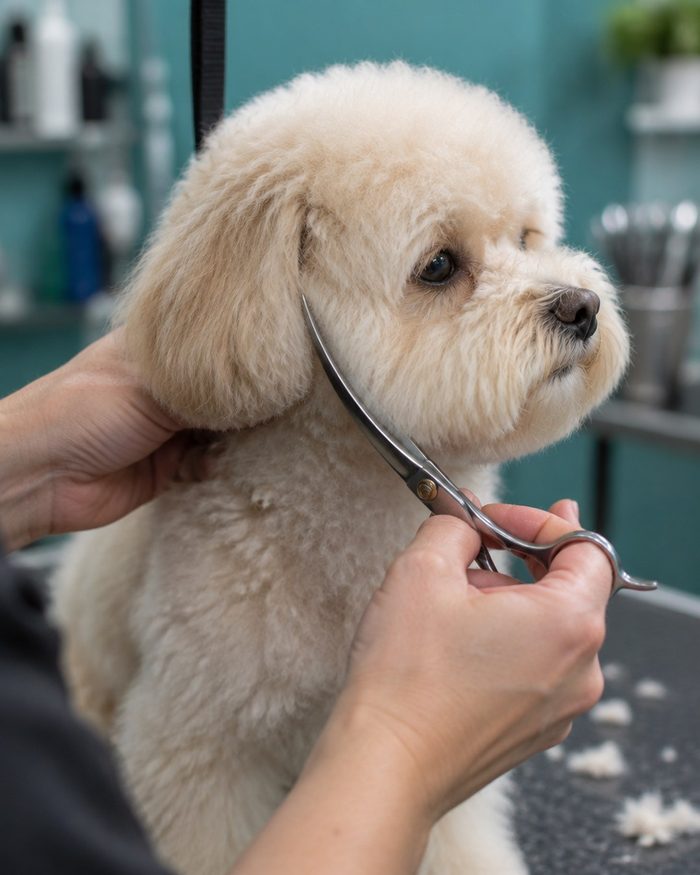 Manos con tijera sobre la cabeza del perro